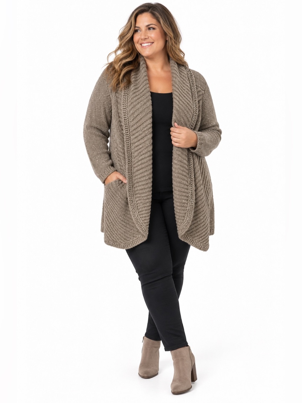 Chico’s Size 4 XXL Taupe Sequin Open Front Knit Cardigan Shawl Collar Sweater